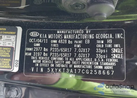 2012 Kia Sorento Lx z USA, uszkodzony, nr VIN 5XYKT3A17CG258667